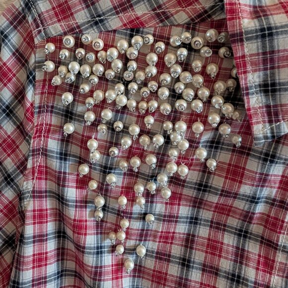 Zara Pearl Embellished Gingham Check Snap Front Western Collared Shirt Large - Picture 7 of 8